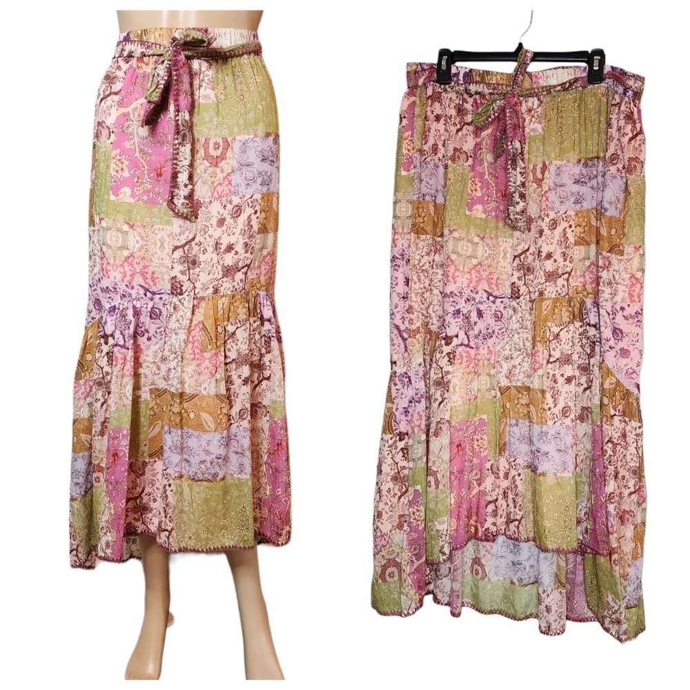 Johnny Was River Tiered Maxi Skirt Pull On Belted Silk Cotton Size XL - Picture 7 of 13